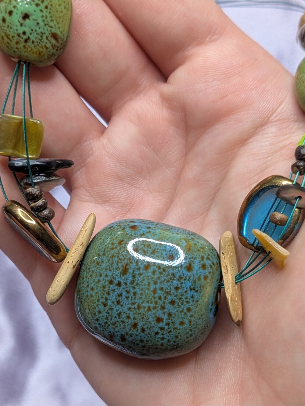 Blue Green Beaded Boho Ceramic Shell Glass Necklace